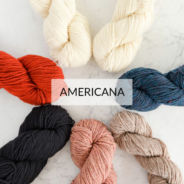yarns in american colors: red, pink, blue, black and neutrals